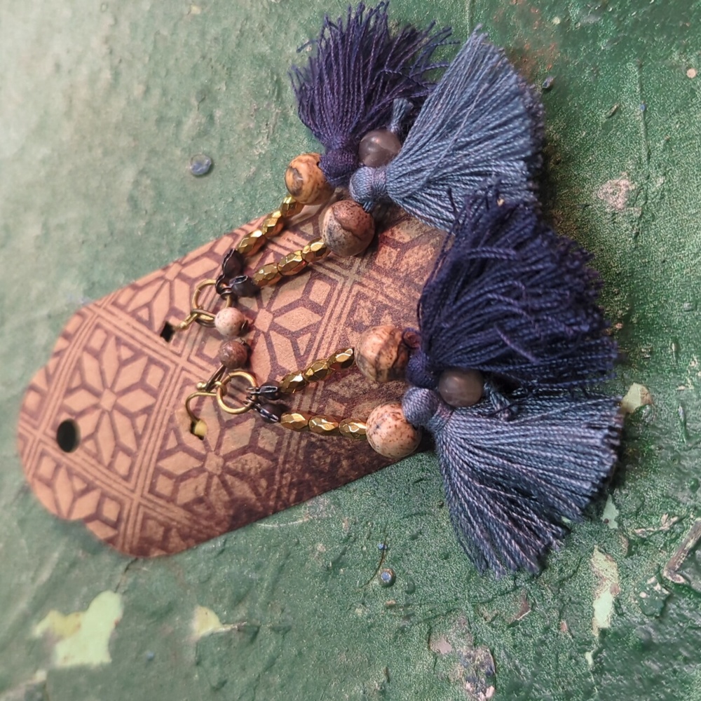 Handmade Blue and Gold Beaded Tassel Dangle Bohemian Earrings
